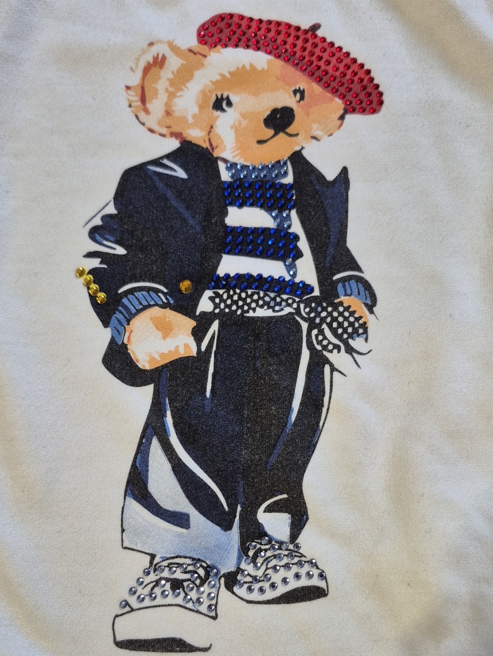 Embellished Fashion Bear, Red Beret Sweatshirt White NWT